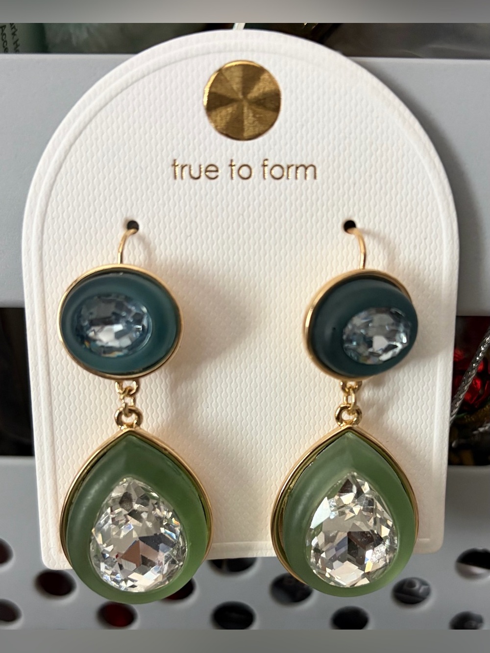 True to Form Green Teardrop Drop Earrings with Blue Accents
